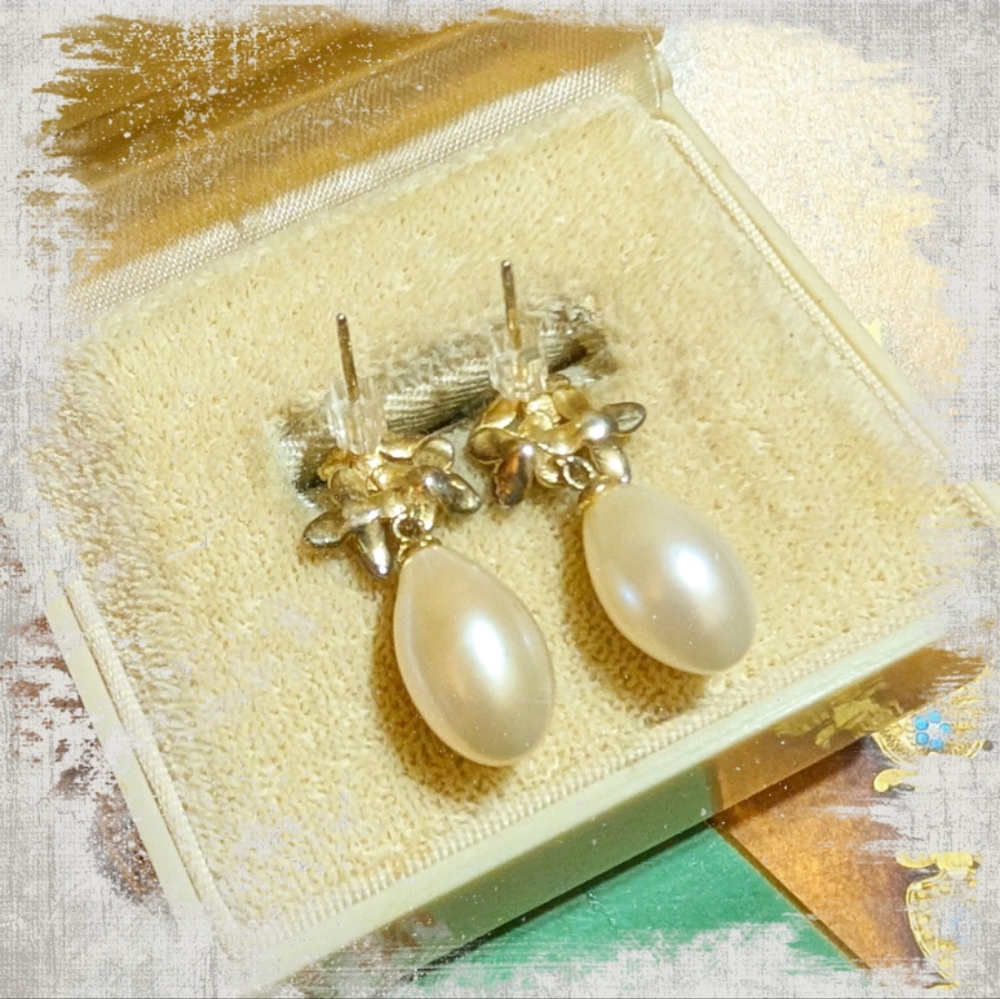 Vtg Designer Lucas Lameth Vermeil Pearl Drop Earrings - Picture 3 of 4